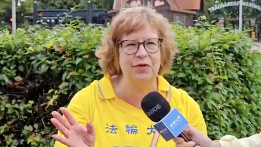 當年參加過李洪志師父在瑞典講法班的芬蘭法輪功學員皮婭·斯文森女士回憶起當年的情景心懷感恩。（視頻截圖：德緣/SOH）