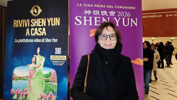 2026年1月25日下午，稅務公司老闆Valentina Candiloro在意大利米蘭阿爾欽博第劇院（觀賞了神韻紐約藝術團在當地的第十四場演出。（圖片來源：Massimo Marcon／大紀元）