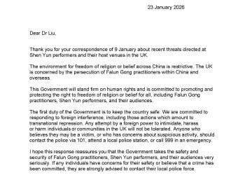 神韻英國巡演遭中共恐嚇 英國外交部表態：絕不容忍跨國鎮壓