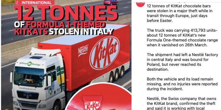 犯罪分子“品味非凡” ？ 歐洲驚爆41萬條12公噸巧克力失竊