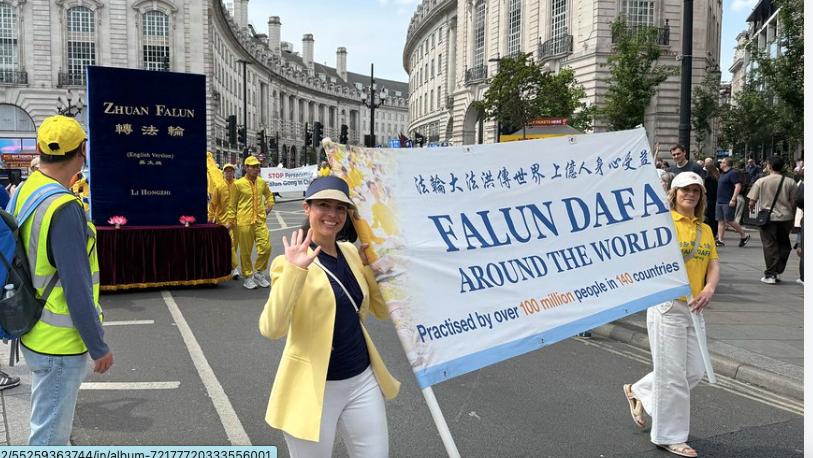 五月九日，來自英國各地的法輪功學員齊聚首都倫敦市中心，舉行慶祝5.13世界法輪大法日、弘傳世界第34周年遊行集會。（圖片來源：Belle/英國）